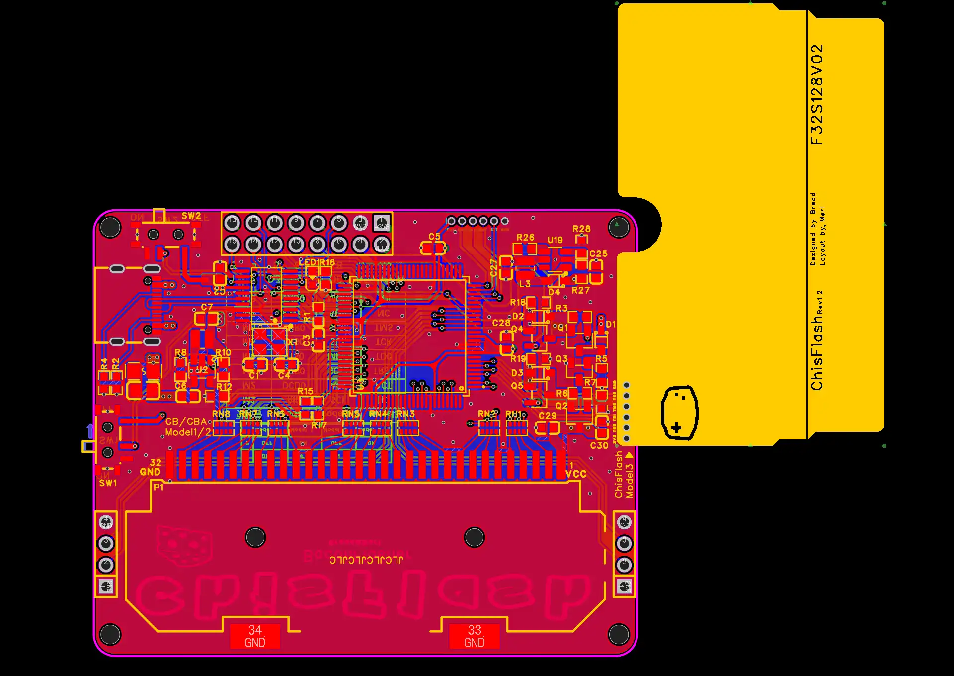 BaconFlasher PCB正面图[4]。红色部分是烧录器本体，下方大片空白是卡带插槽。烧录器左上和右中有两个开关，根据烧录器背面信息调整两个开关，可以改变烧录器读取/写入模式，一共4种：model 0~3。黄色是ChisFlash PCB，可以通过如图所示的叠放连接烧录器右侧的孔位，通过“model 3”高速传输数据。