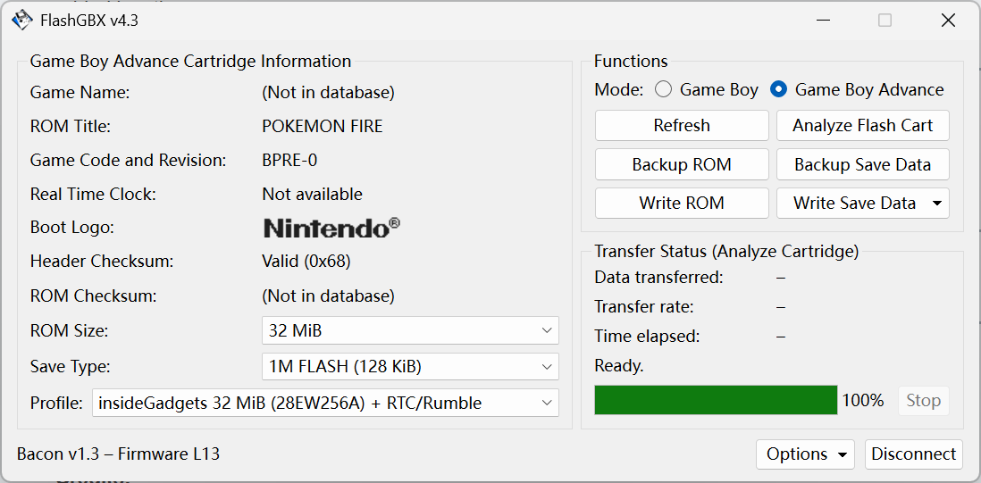 FlashGBX GUI页面。左侧是卡带和ROM信息，右上是操作按钮，右下是烧录进度。先点击右下角connect，连接成功后在左上选择卡带类型：GB/GBA，本文的例子此时应选GBA。