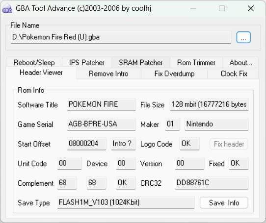 使用GBATA打开原版美版火红ROM。其中CRC32校验和DD88761C与表1一致。