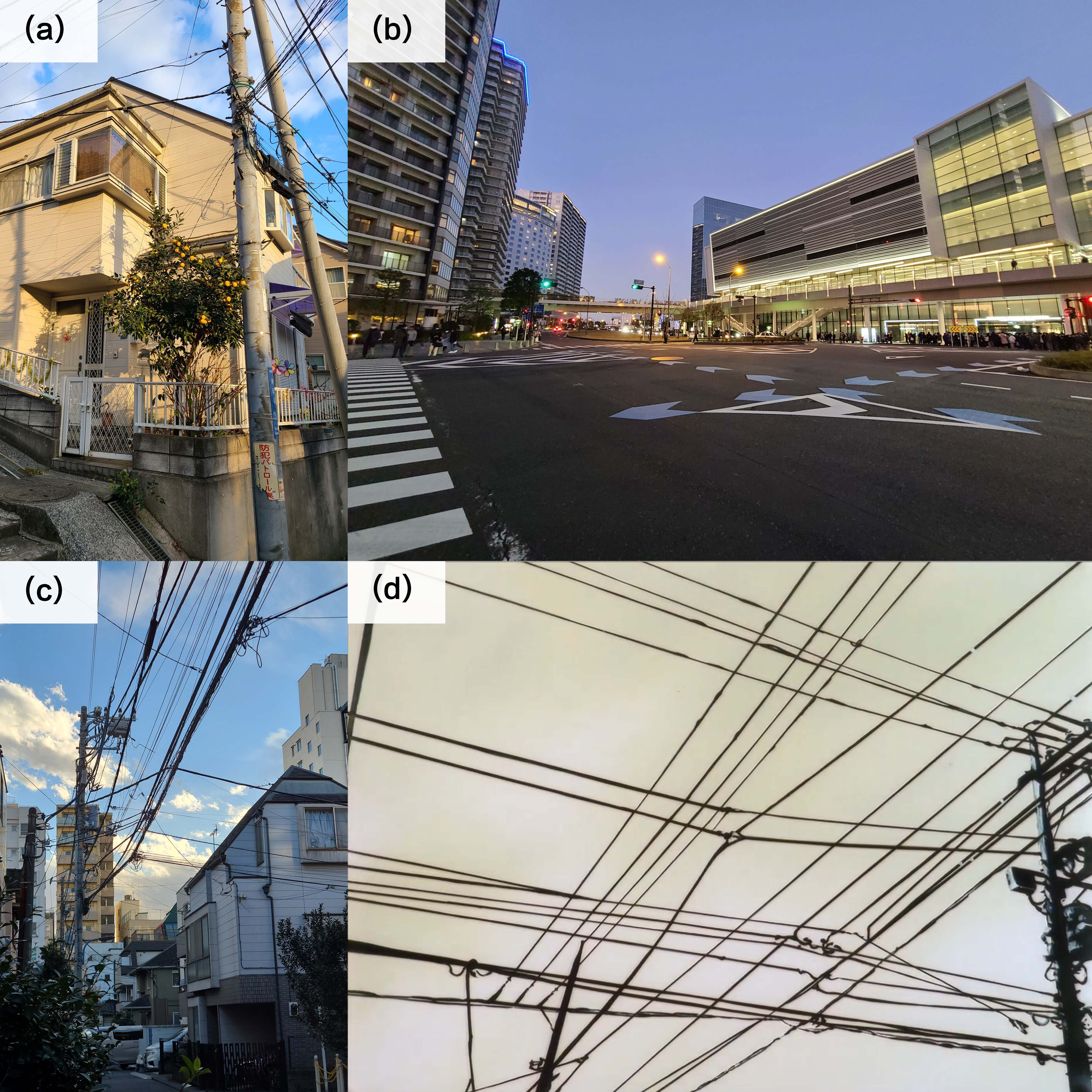 日本街头的电线网络。(a)和(c)分别摄于横滨老郊区和新大久保，可以看到老城区的架空电线错综复杂。(b)摄于横滨港未来。新街区多采用地下电缆，没有电线杆显得十分整洁。(d)《Lain》中的电线杆和电线，隐喻Wired（剧中的互联网）世界连接所有人类。